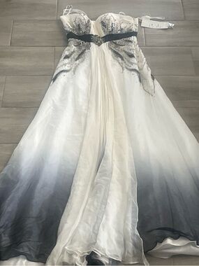 Strapless Ombre White,Navy to Gray Evening Gown with Sequin Bodice size 6